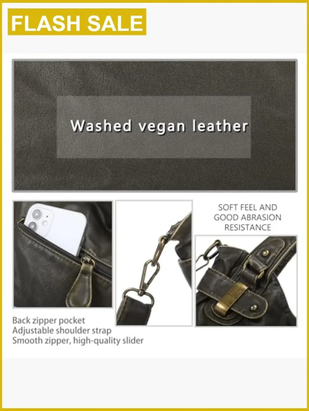 Washed PU Leather Hobo Tote Shoulder Bag Double Zipper Multi Pocket